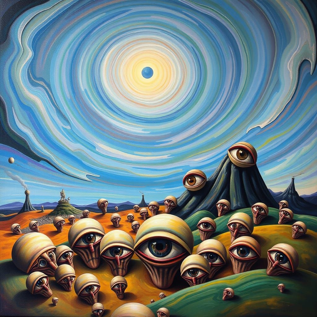 Surrealist Oil Painting of Wacky Landscape with Watching Eye...