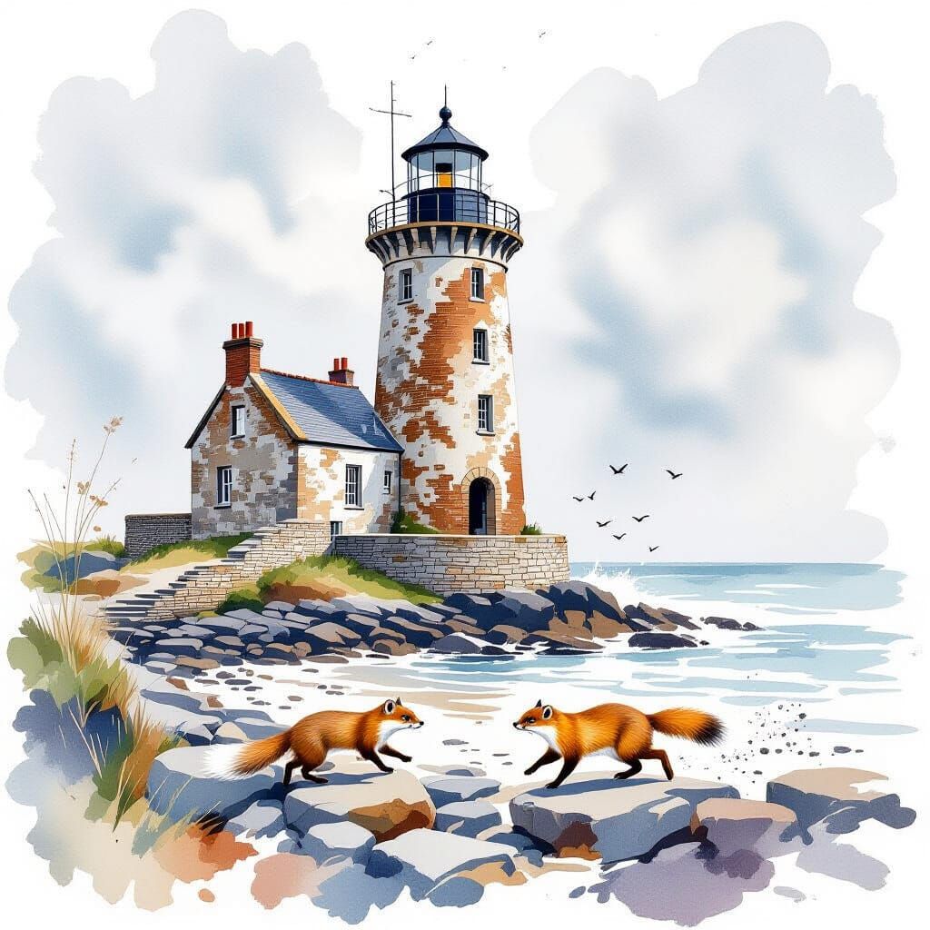 Stoat at Ruined Lighthouse: Watercolor Coastal Scene