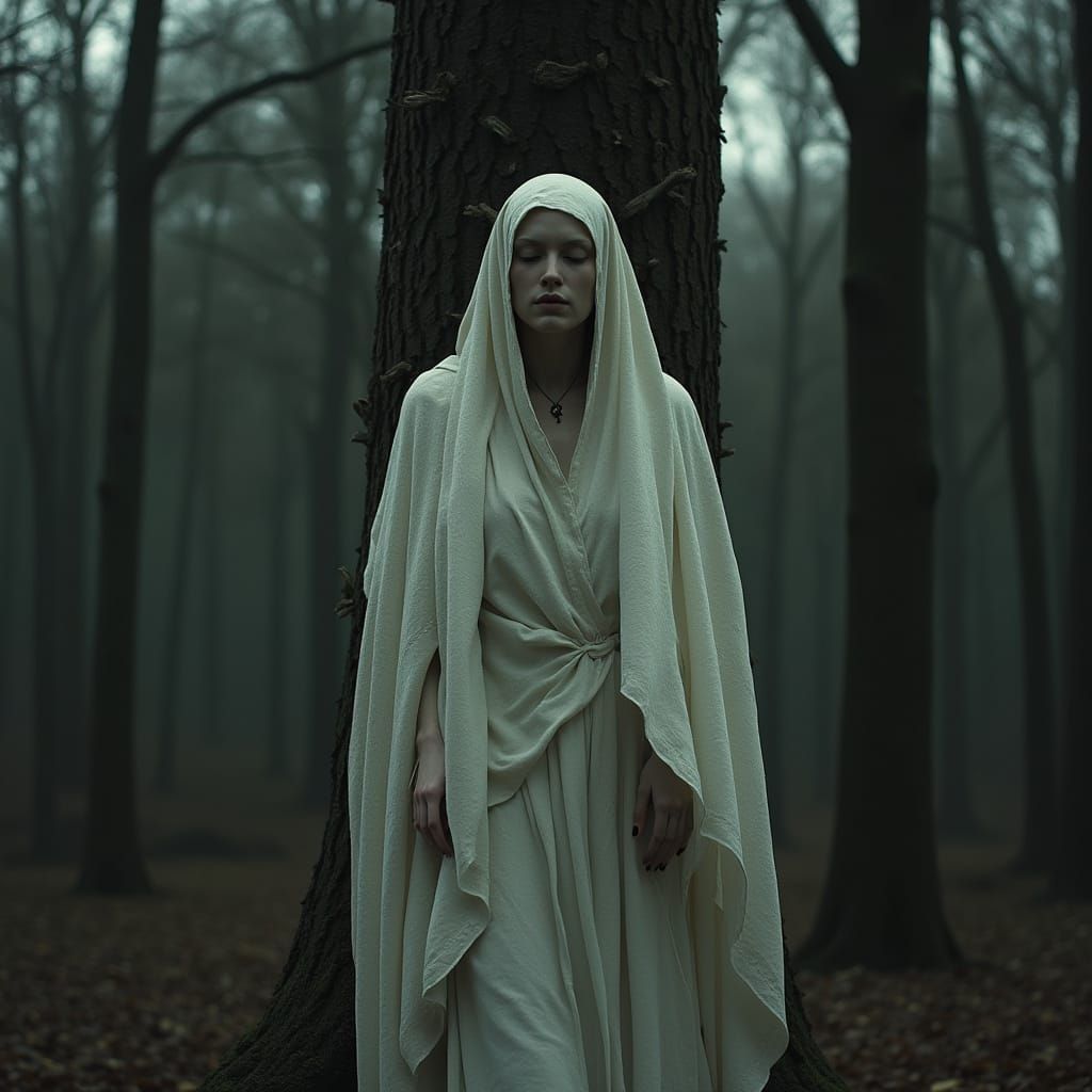 Surrealist Robed Figure Nailed to Tree