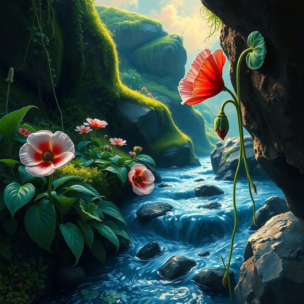 Mosses and Flowers in a Stream, Dramatic Landscape