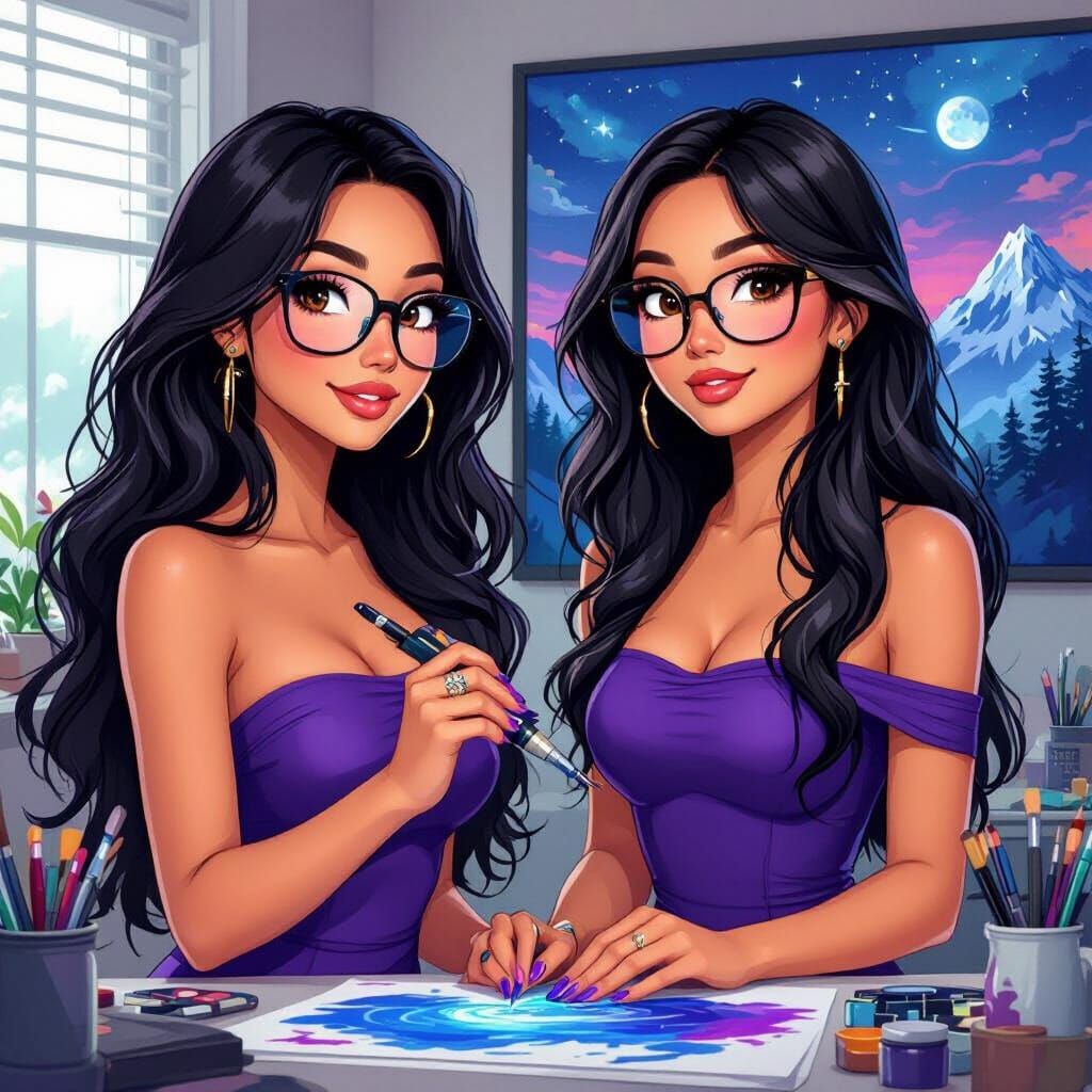 Vibrant Airbrush Art: Asian Woman Paints Night Waterfall