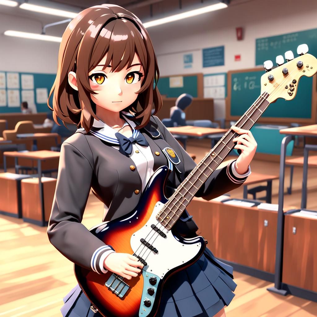 Anime Girl Plays Bass Guitar in Paprika Style