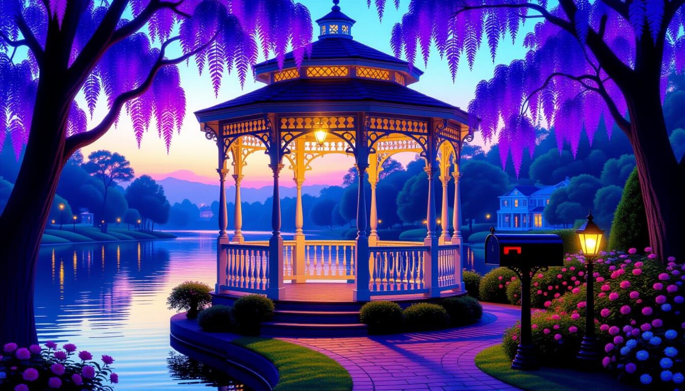 Bioluminescent Gazebo in a Kaleidoscopic Garden