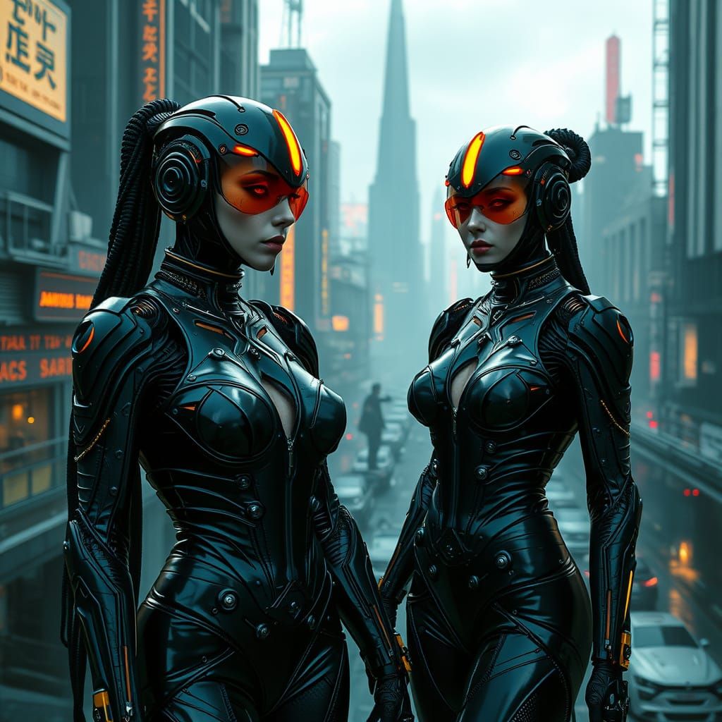 Futuristic Cyborg Women in Cyberpunk Dystopia