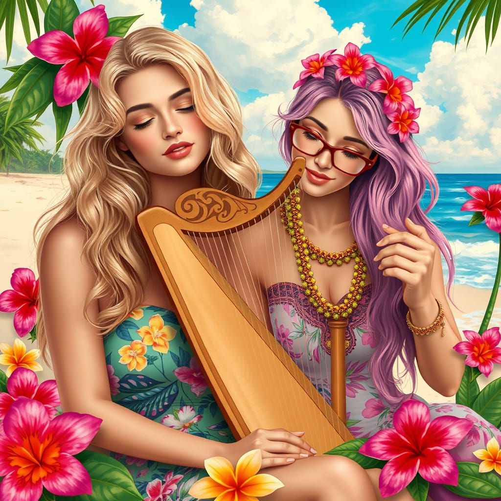 Dreamy Beach Scene in Art Nouveau Style