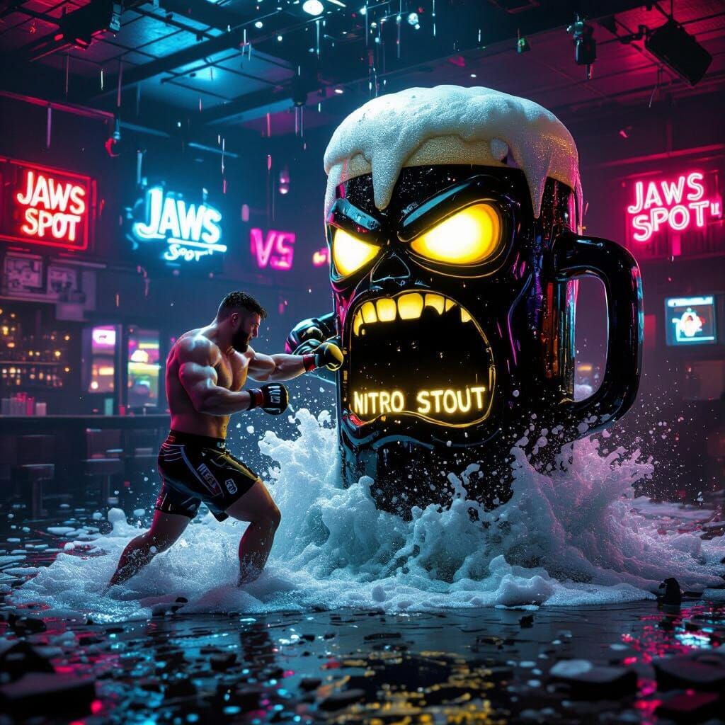 UFC Fighter Battles Beer Wave in Futuristic Neon Bar