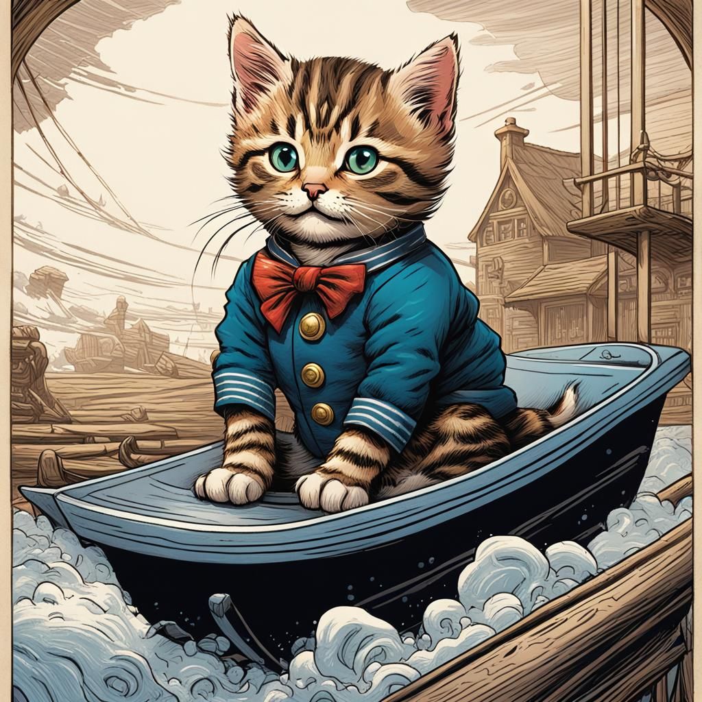 Tenniel-Inspired Sailor Kitten on Toboggan in Black and Whit...