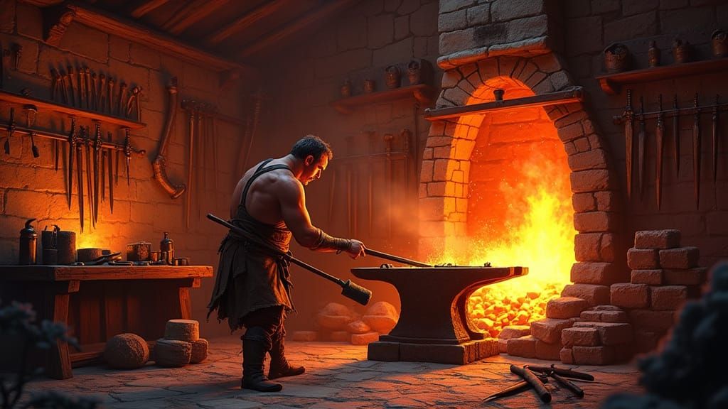 Fiery Medieval Blacksmith Forge in Dramatic Oil Painting