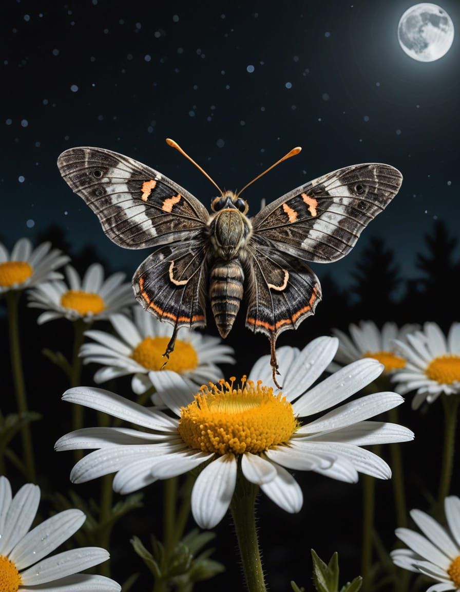 Hyper Realistic Moth on Moon Daisy in Nighttime Macro