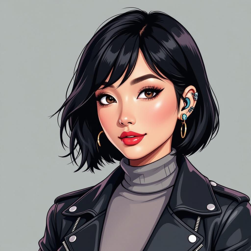 Cyberpunk Asian Woman Portrait in Toon Sketch Style