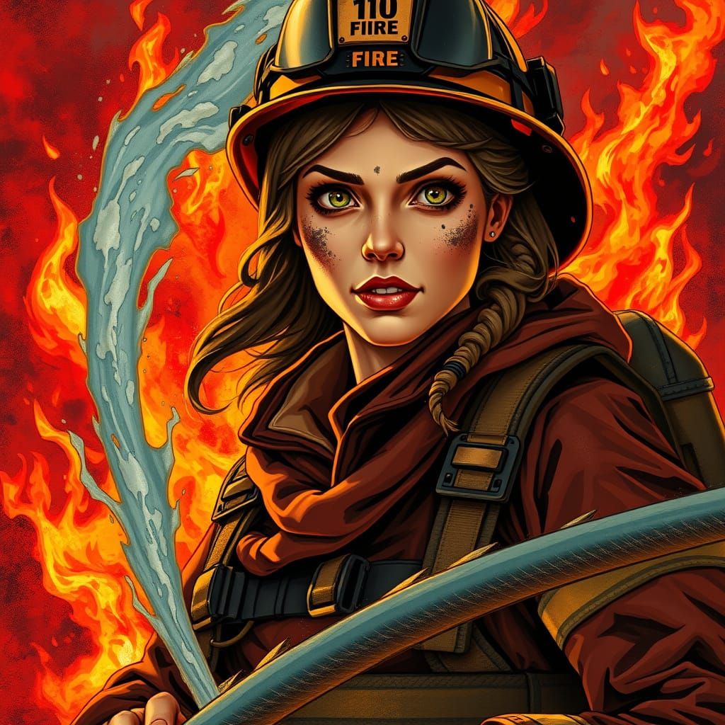 Heroic Firefighter in Art Nouveau Style