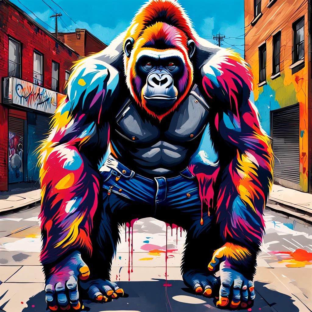 Gorilla in Jeans: Vibrant Street Art Portrait