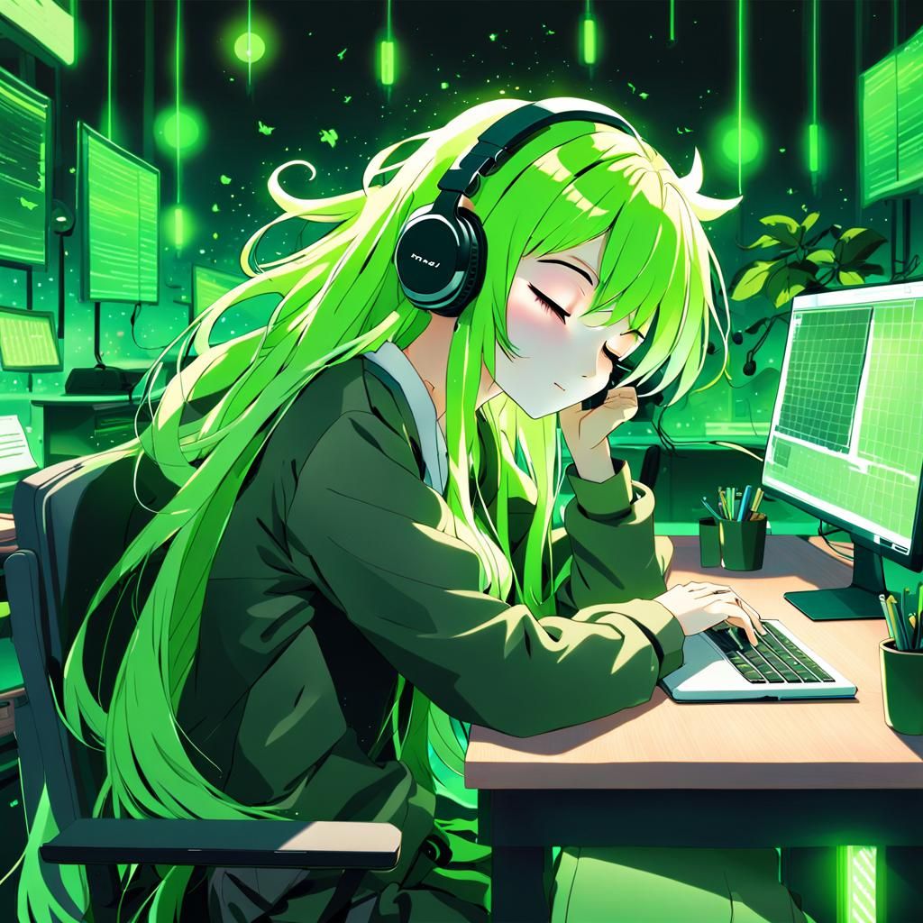 Anime Girl Listening to Lofi Music in Manga Style
