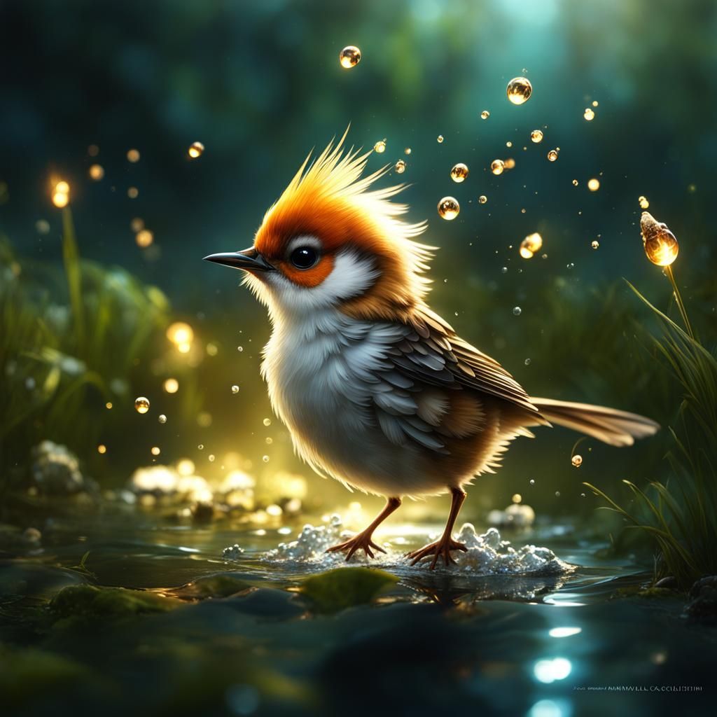 Chibi Bird Splashing in River, 3D Digital Art