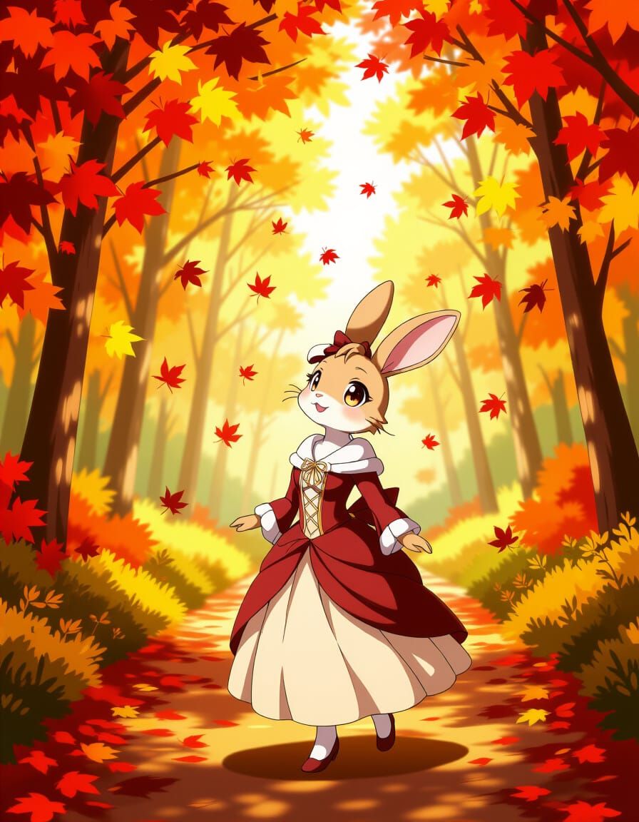 Anime Rabbit Enjoys Autumn Forest Stroll