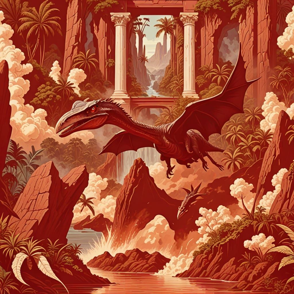 Pterodactyl Soaring Over Jurassic Lagoon in Hyperrealism