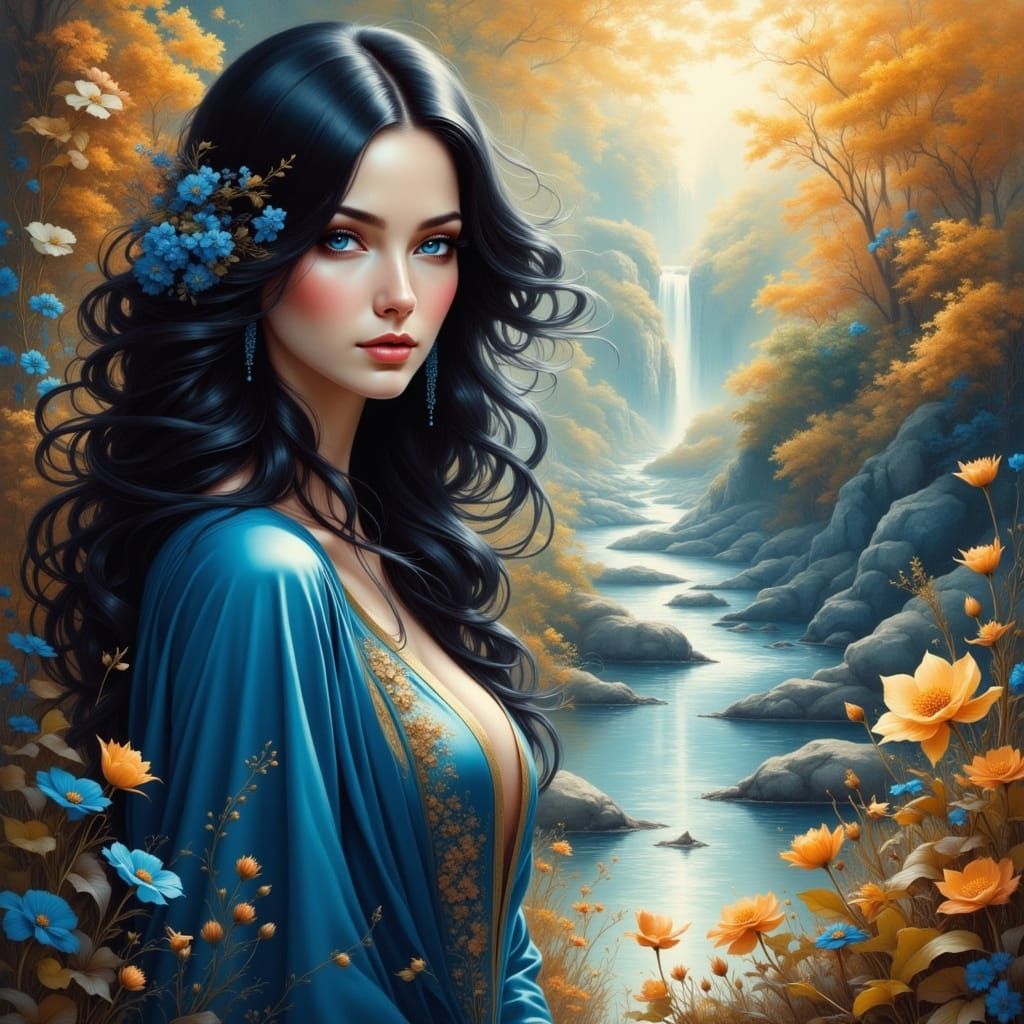 Ethereal Woman by Magical River in Autumn Watercolor