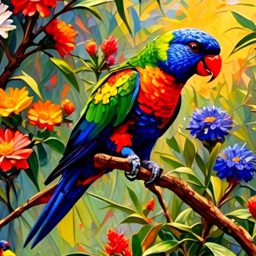 Rainbow Lorikeet Oil Painting in Expressionist Style