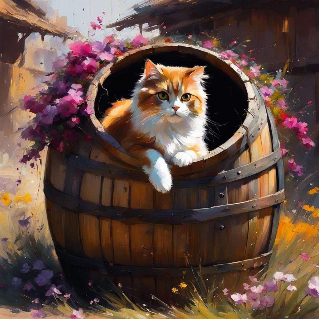 Persian Cat in Barrel, Fine Art Painting