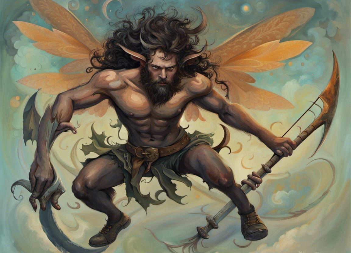 Satyr-Fairy Hybrid Wielding Axe in Abstract Art