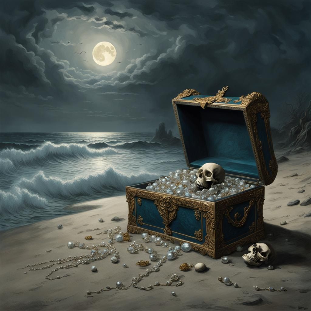 Moonlit Treasure Beach with Skeleton, Horror Art
