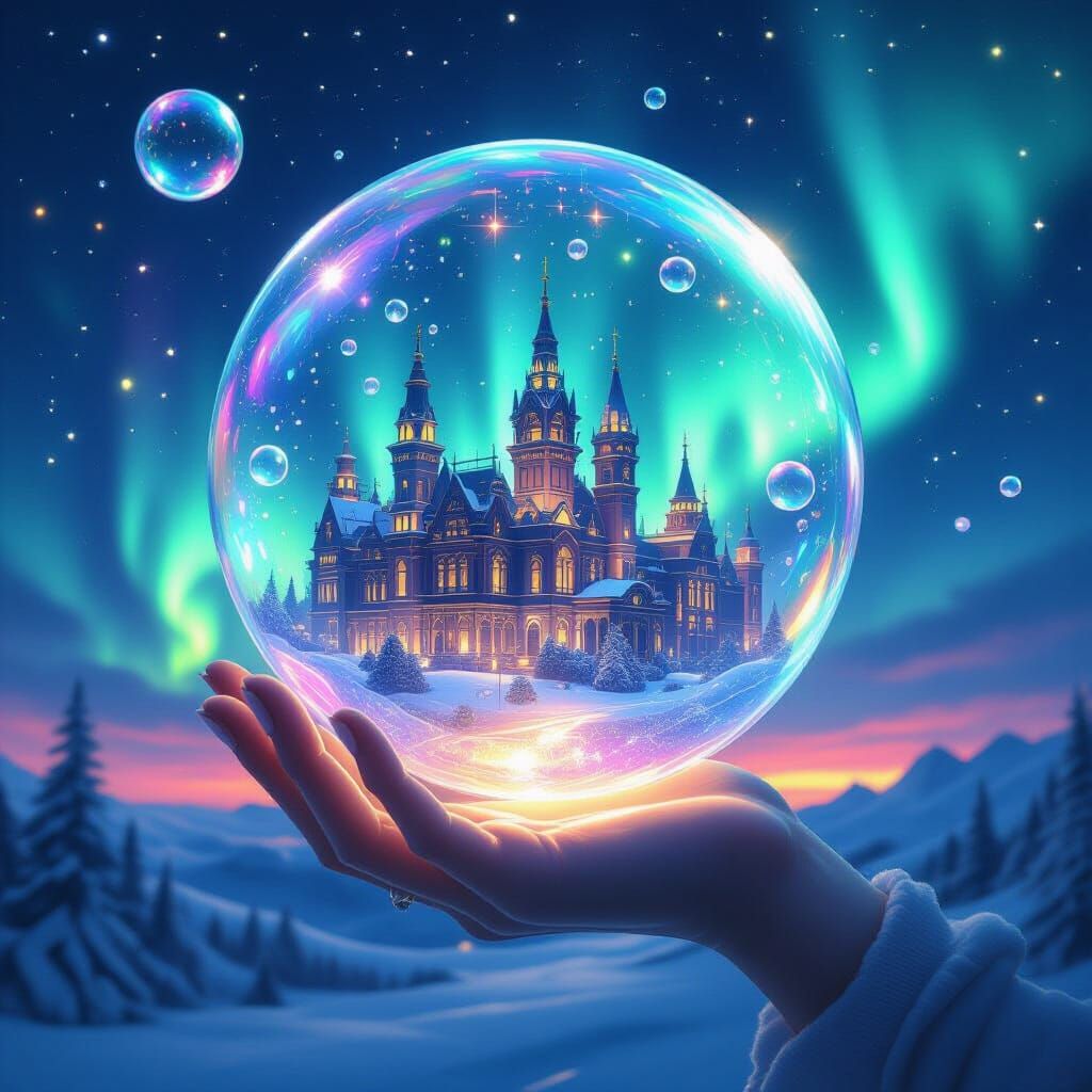 Victorian City Encased in Bubble Under Northern Lights