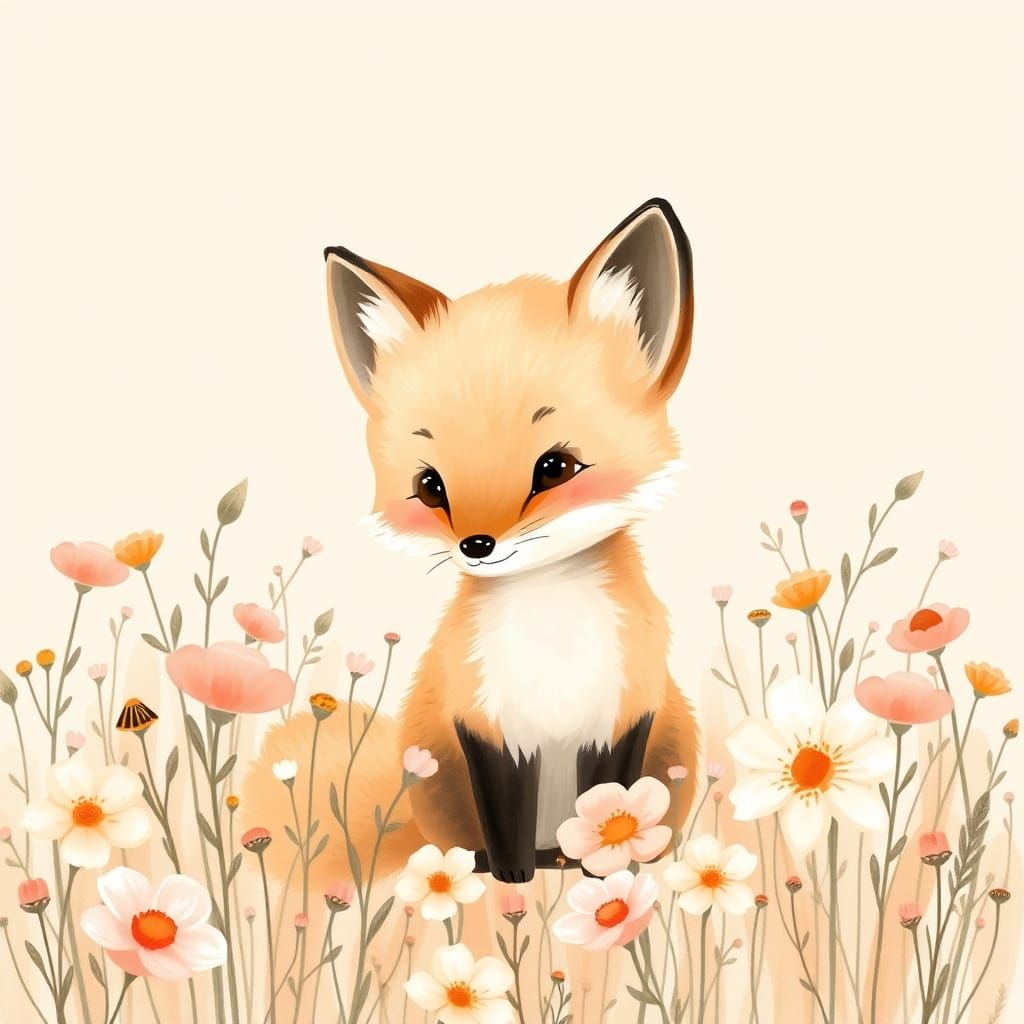 A soft watercolor illustration of a sitting baby fox with big, kind eyes, nestled in a delicate flower field. Gentle bru...