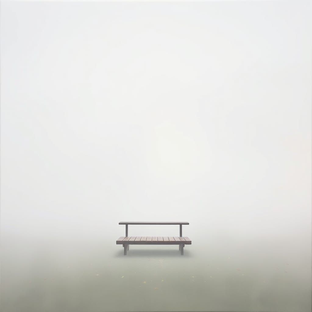 Minimalist Fog Painting: Bench in a Misty Park
