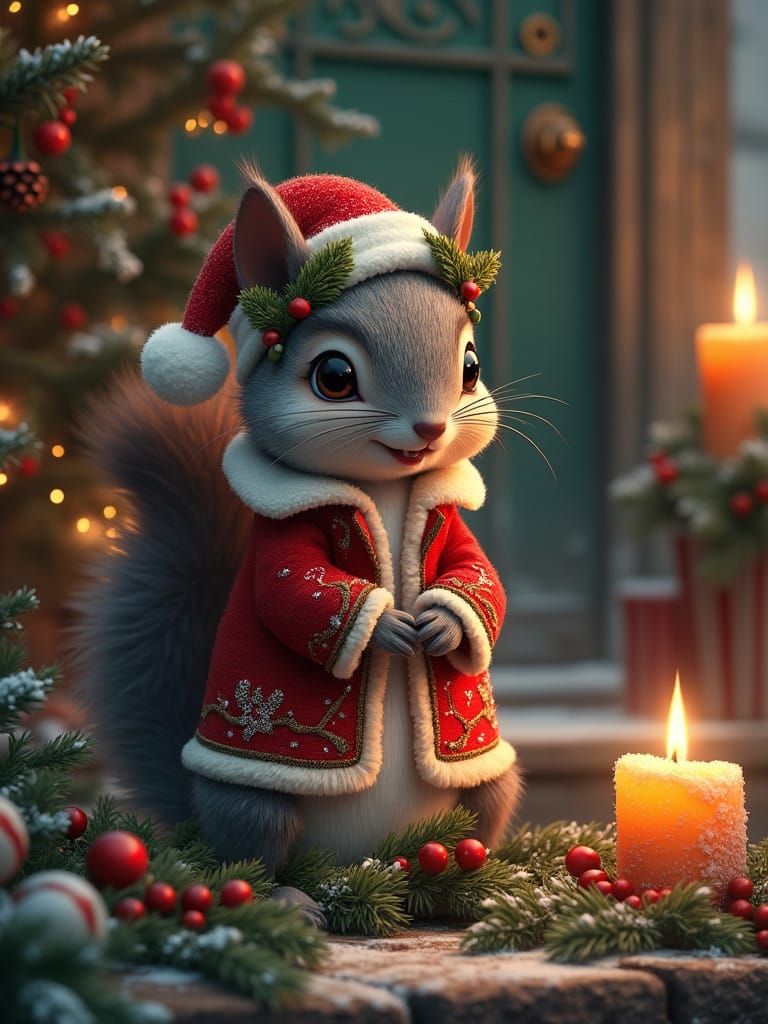 Whimsical Christmas Squirrel in Festive Attire