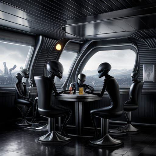 Aliens in a Diner: Detailed Digital Art