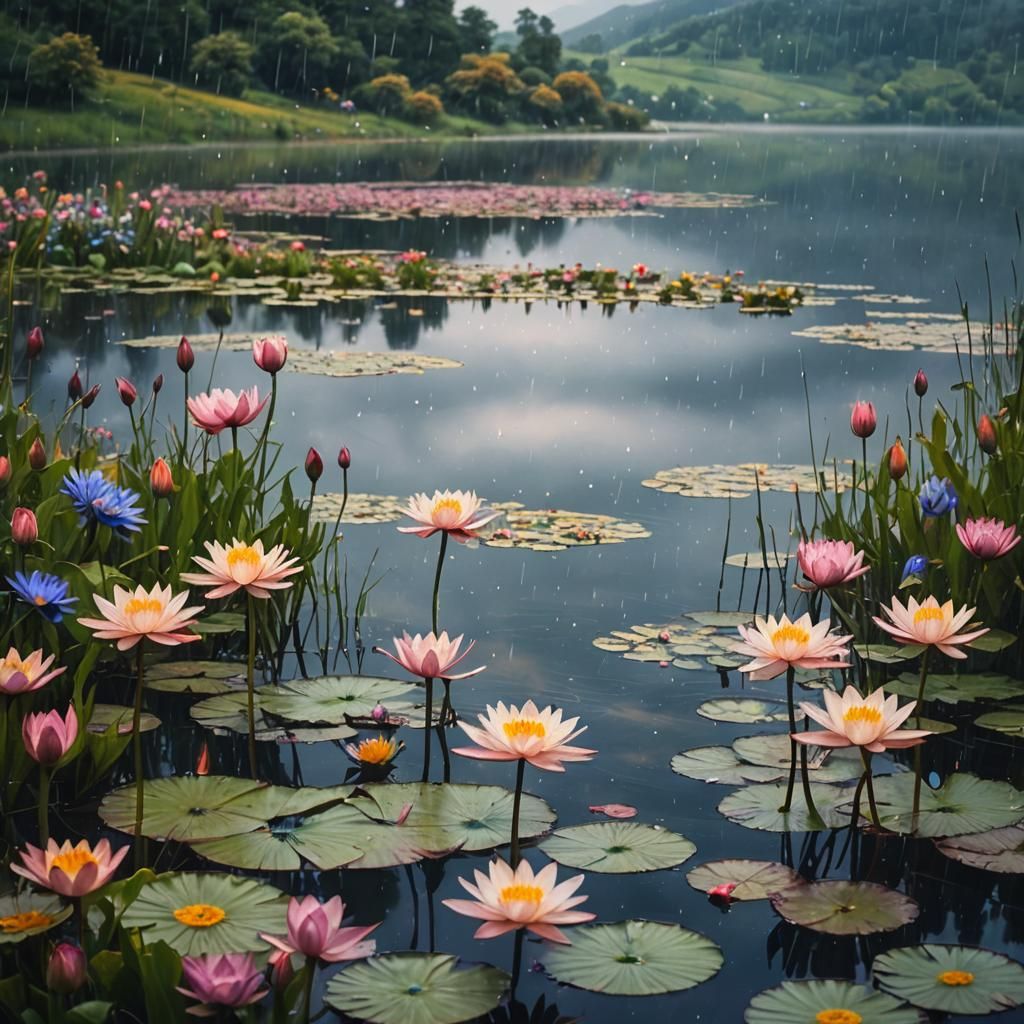 Serene Lake with Water Lilies on a Rainy Day