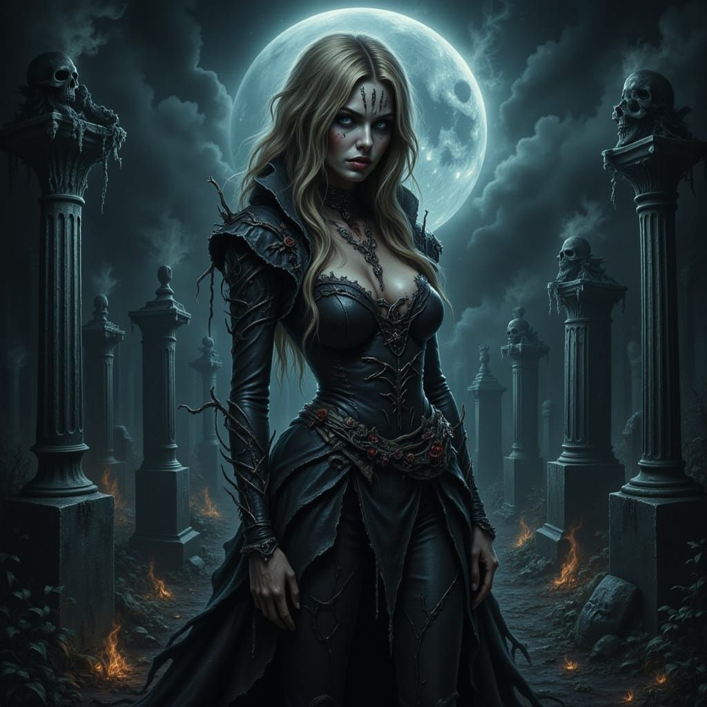 Gothic Woman in Moonlit Cemetery, Dark Fantasy Art