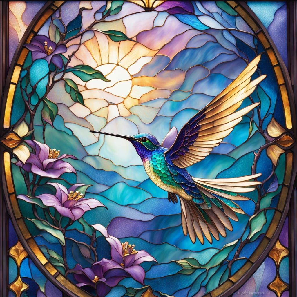 Hummingbird Stained Glass Window in Ethereal Mist