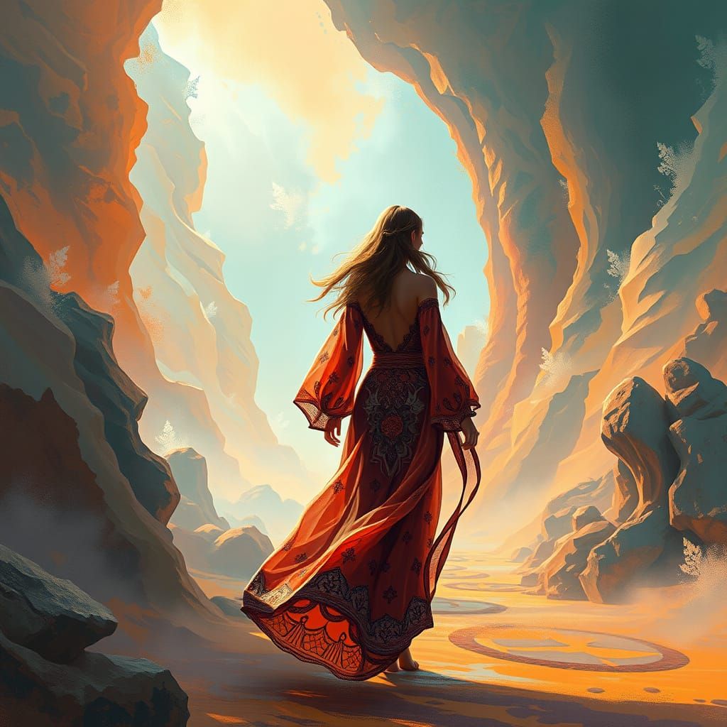 Woman Enters Dreamlike Art Nouveau Landscape in Vibrant, Hyp...