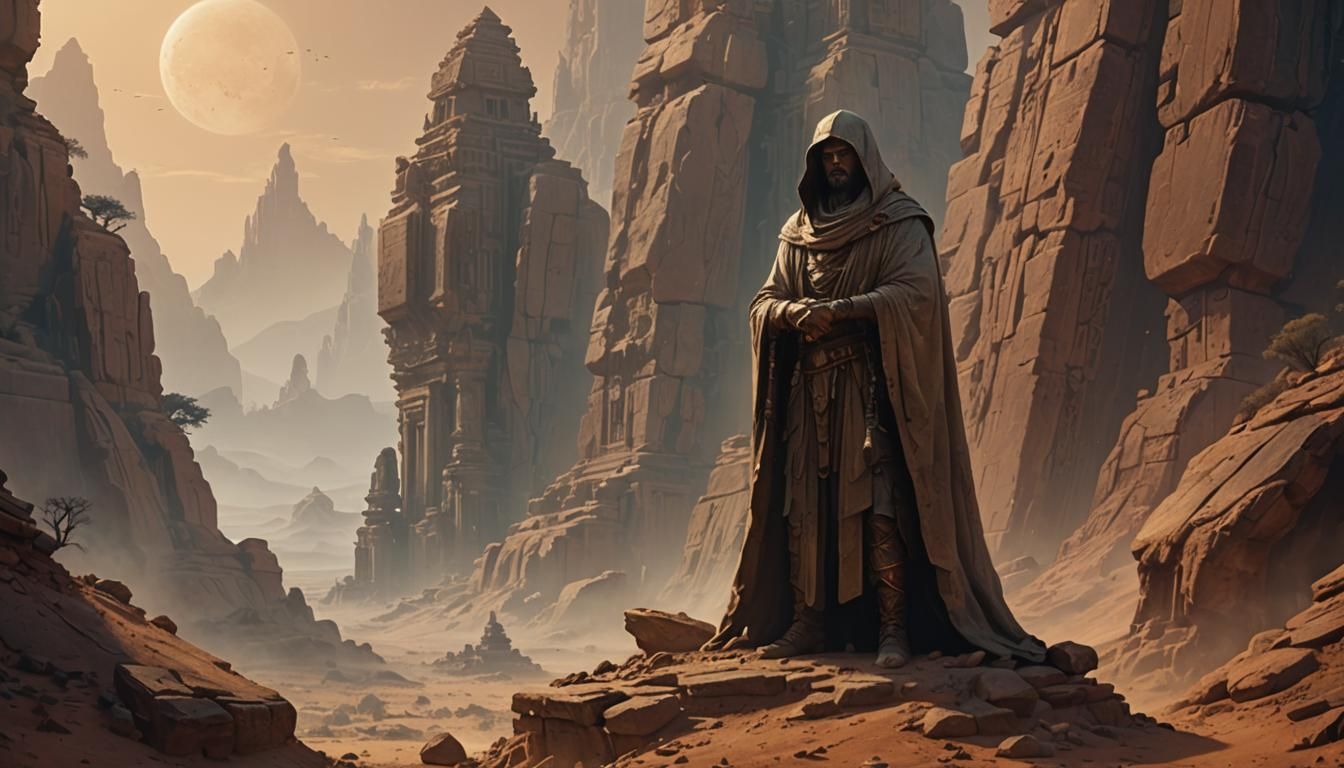 Desert Ruins at Sunset with Alien Celestial Lighting