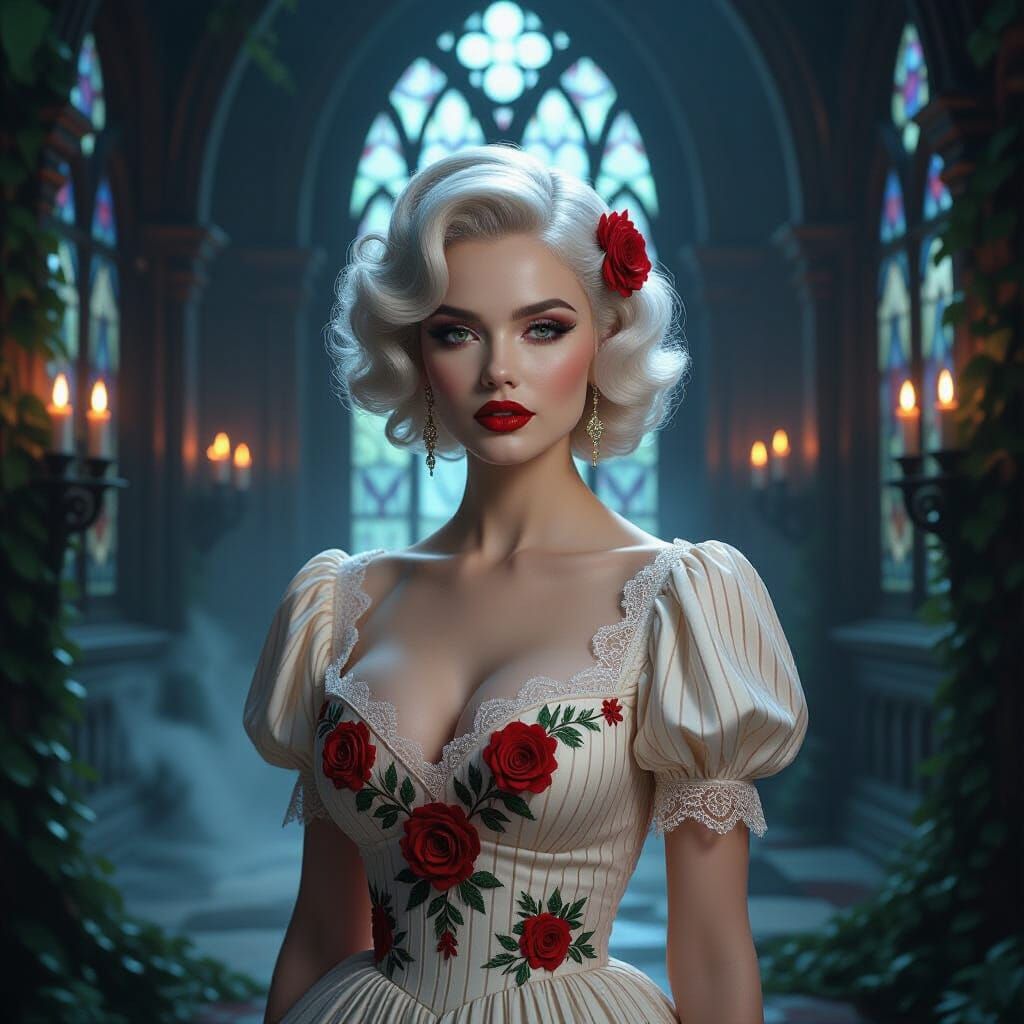 Glamorous woman with platinum curls, red lips, and smoky eye...