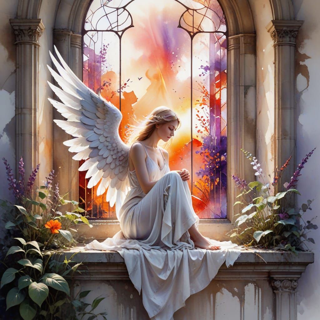 Elegant Angel at Sunset Window in Watercolour Style
