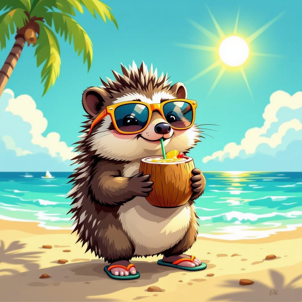 Cute Hedgehog Enjoys Cocktail on Beach in Comic Style