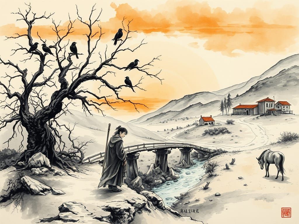 A lone figure stands at the edge of a desolate landscape in ...