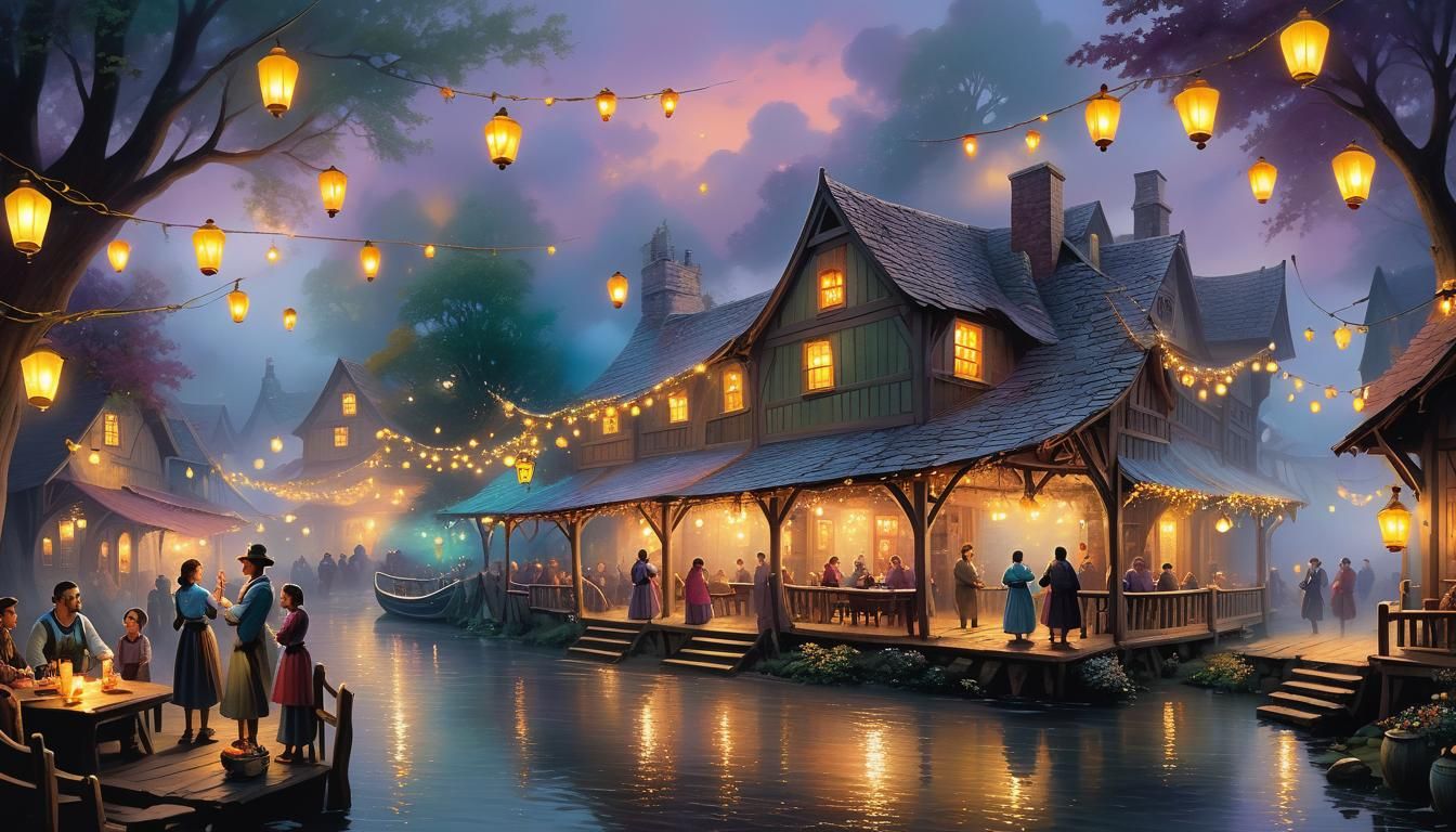 Ethereal Village Tavern Scene at Twilight Festival