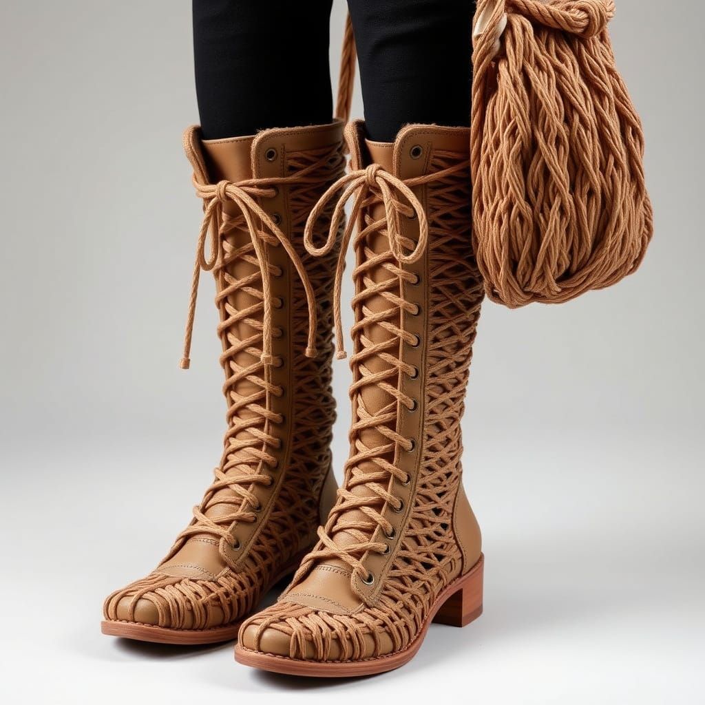 Earth-Toned Boots and Matching Bag with Intricate String Wea...