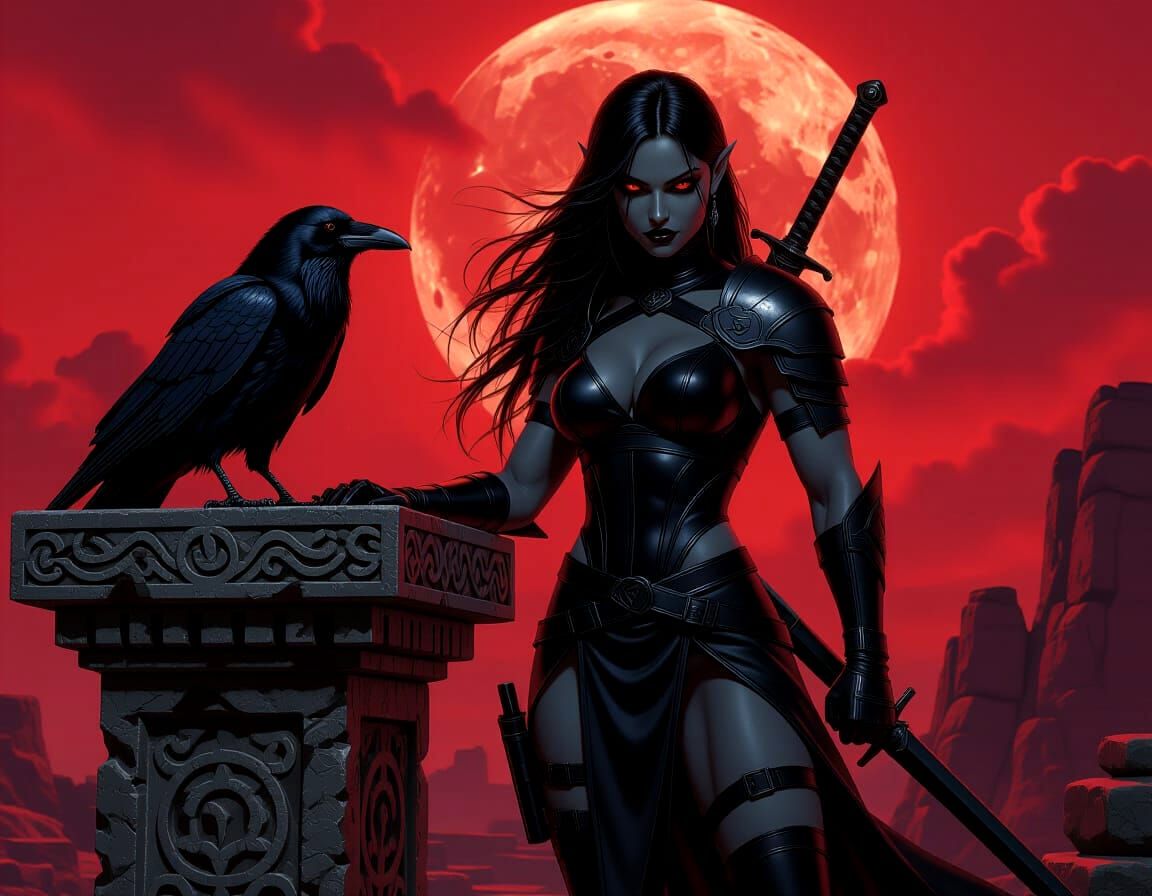 Drow Elf with Raven Familiar in Blood Red Sky