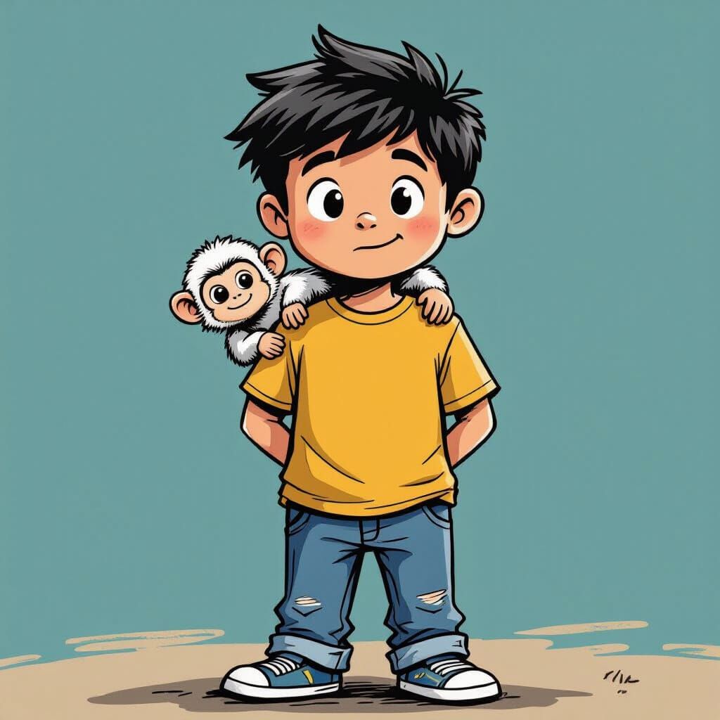 Boy and Monkey Illustration in Comic Style