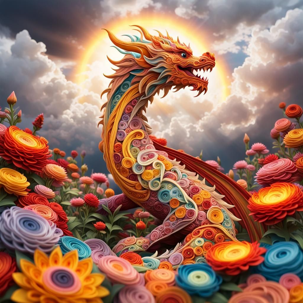 Brocade Dragon in Flower Garden: Digital Illustration