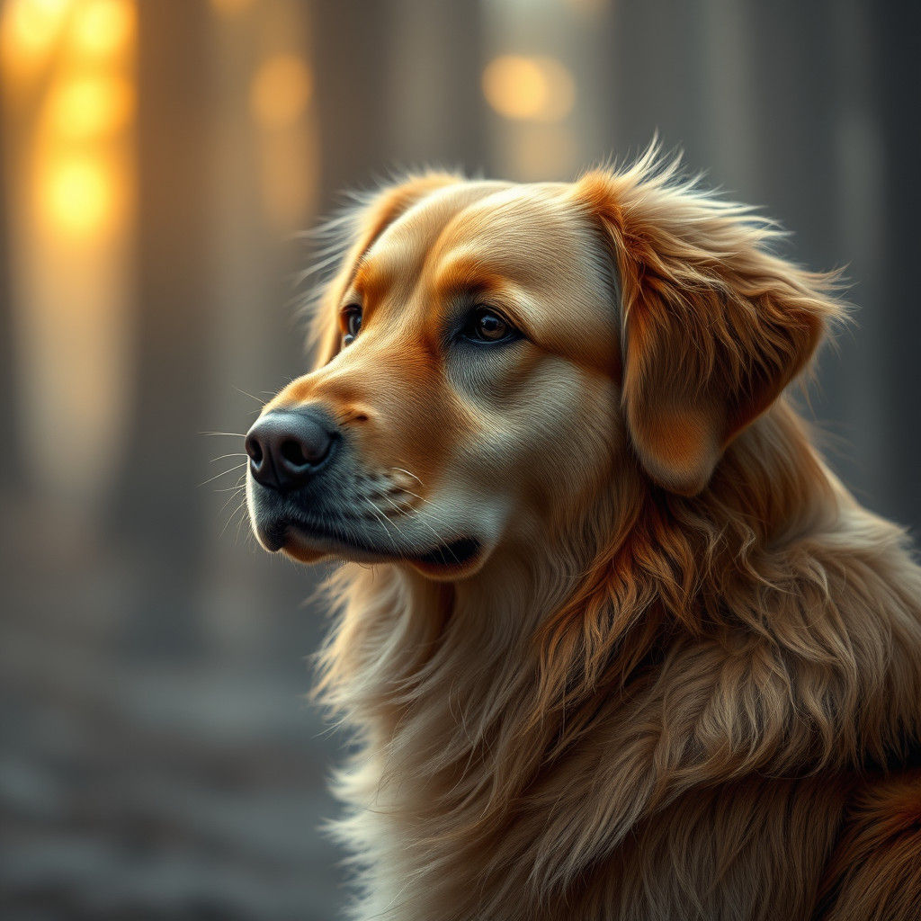 Hyperrealistic Golden Retriever Portrait in Atmospheric Ligh...