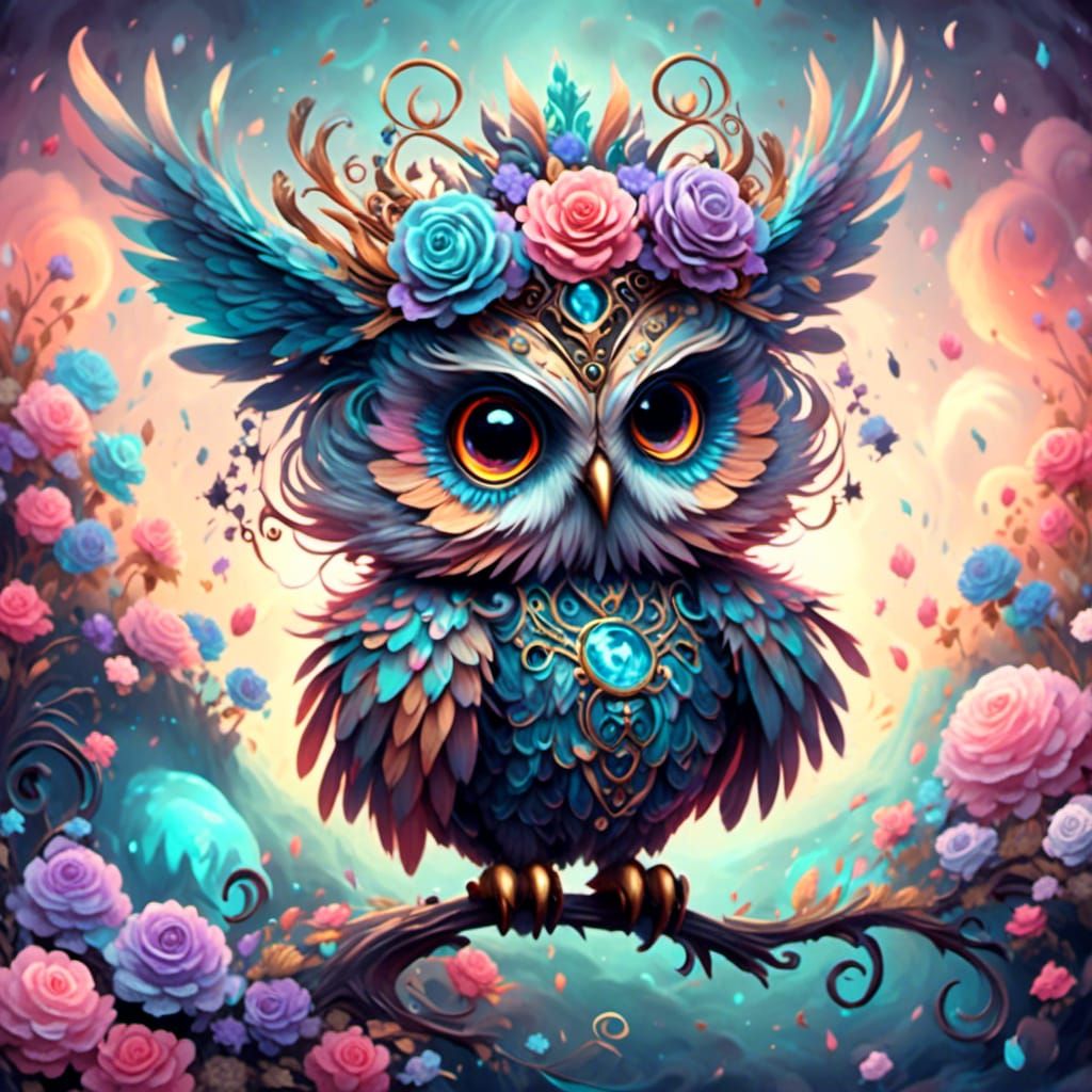 Cosmic Steampunk Owl with Sugar Skulls in Victorian Watercol...