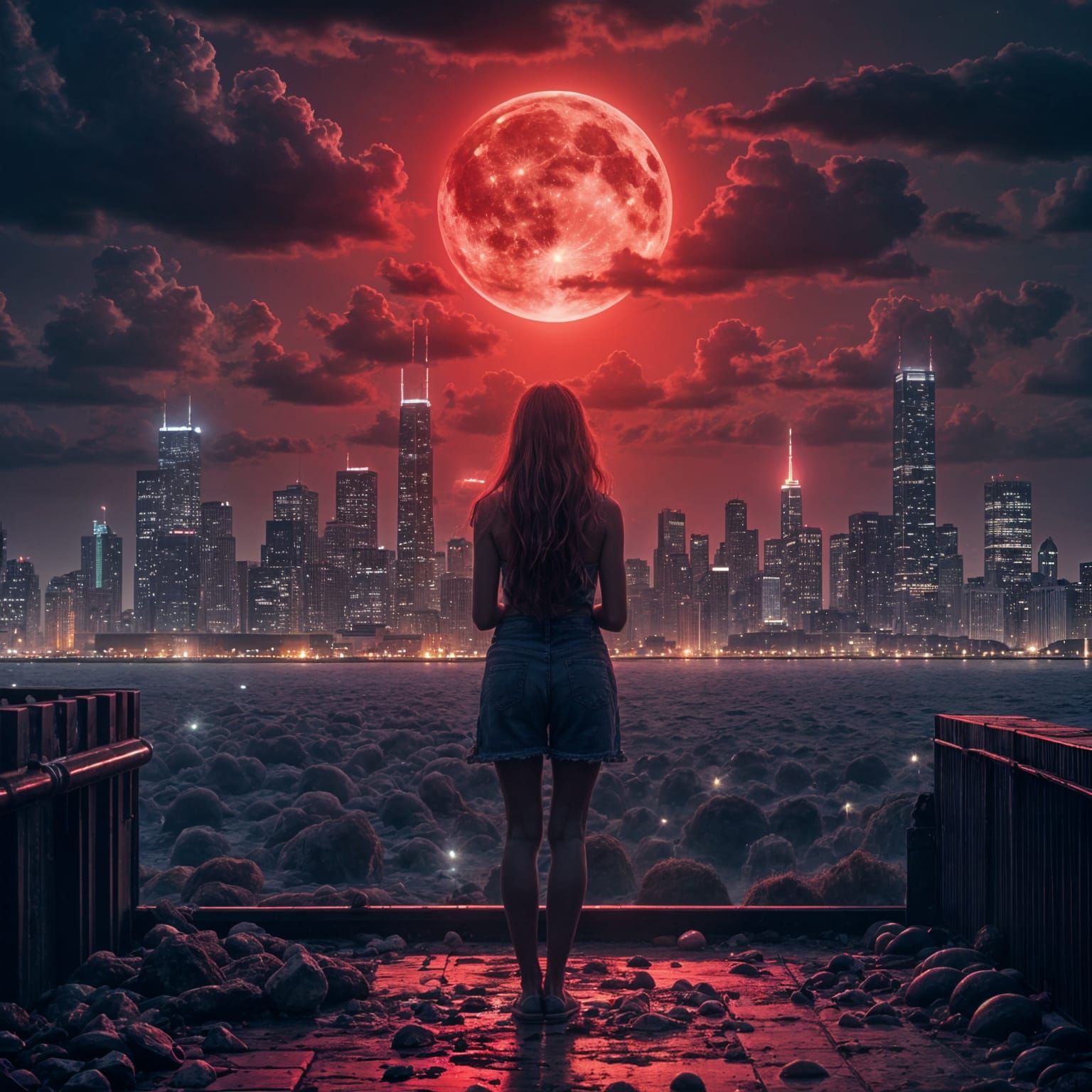 Blood Red Moon Over Chicago: Hyperrealistic Rendering