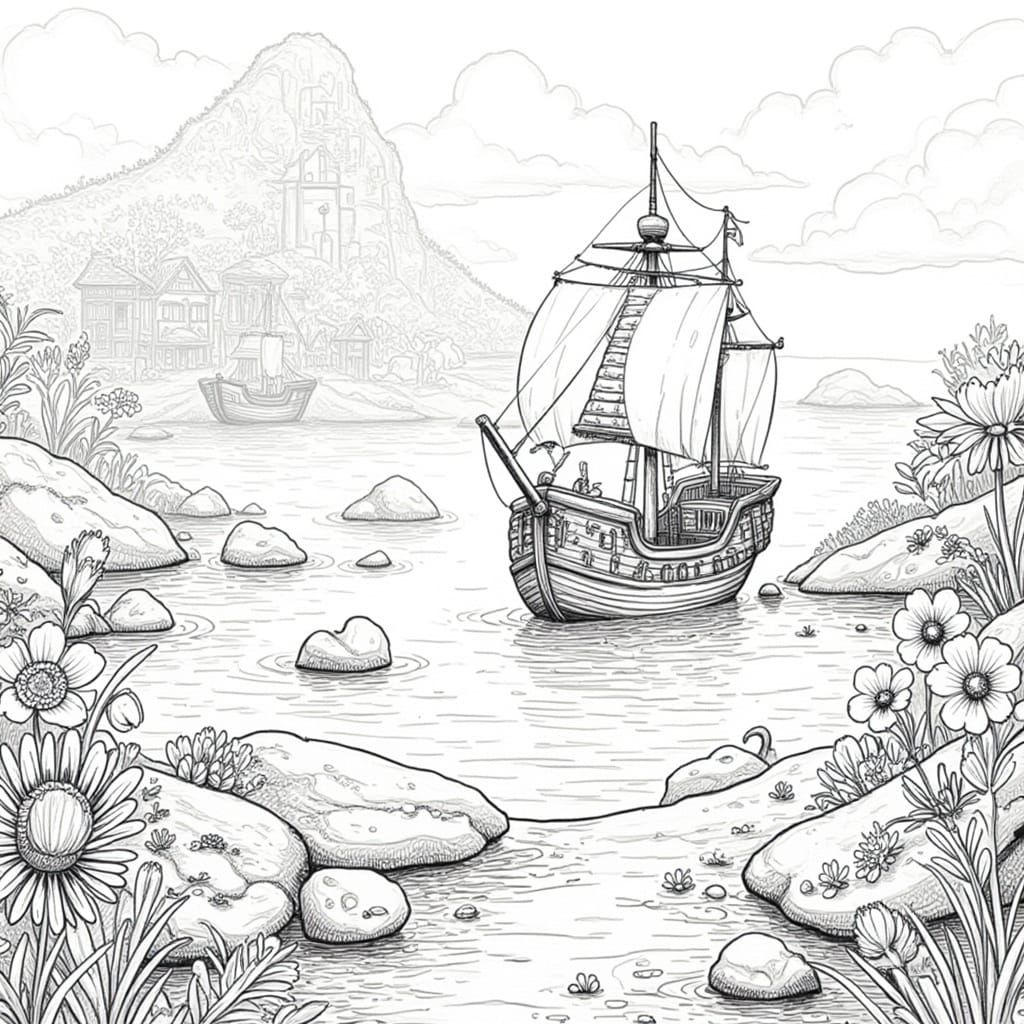 Monochrome Pirate Ship Coloring Page in Tropical Bay