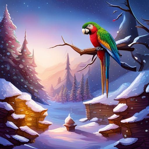 Enchanted Glitter Forest with Parrots in Winter Paradise
