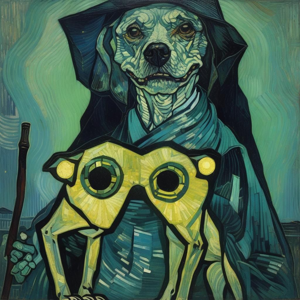 Fluorescent Dog and Woman with Club in Symbolic Style